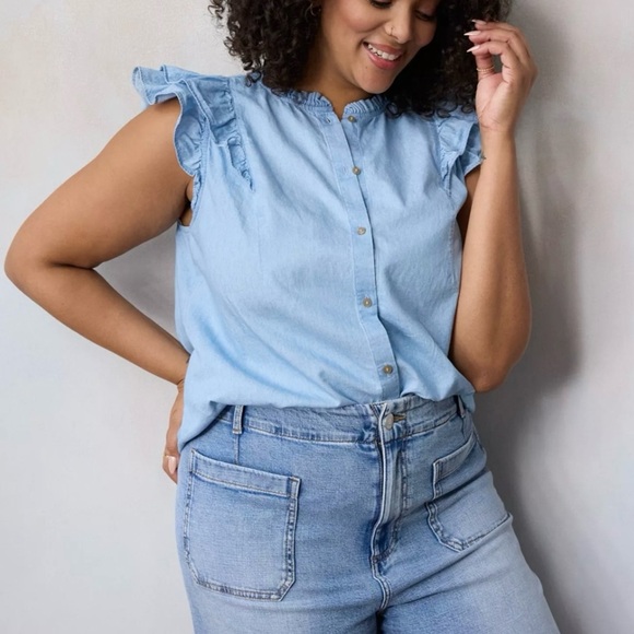 LC Lauren Conrad Women’s 100% Cotton Denim Sleeveless Ruffle Blouse Size: Large - Picture 6 of 12